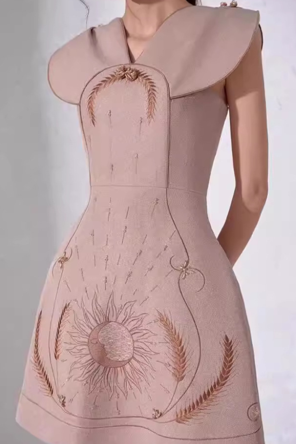 V-NECK HOLLOW OUT WHITE FLORAL EMBROIDERY DRESS