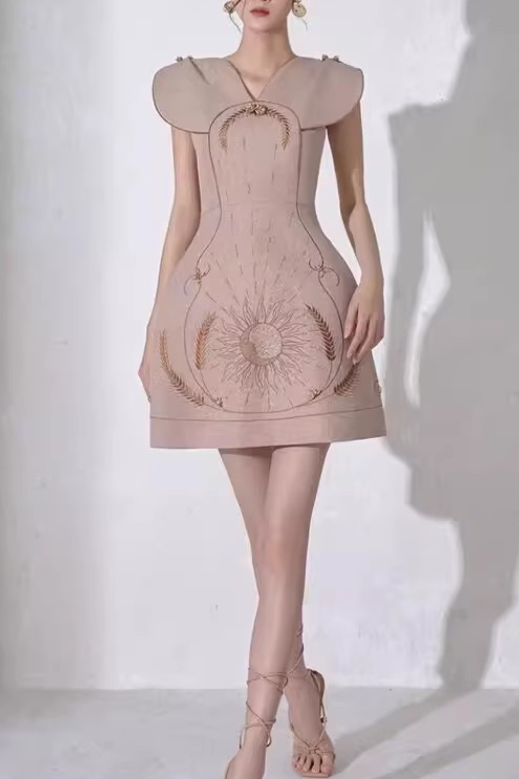 V-NECK HOLLOW OUT WHITE FLORAL EMBROIDERY DRESS