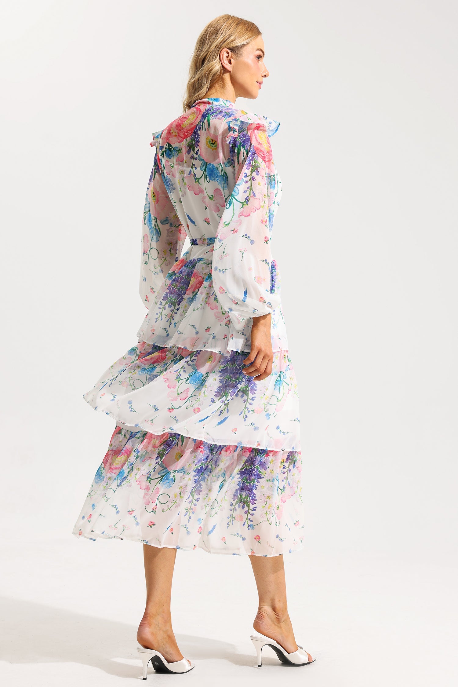Floral Ruffle Long Sleeve Midi Dress With Belt