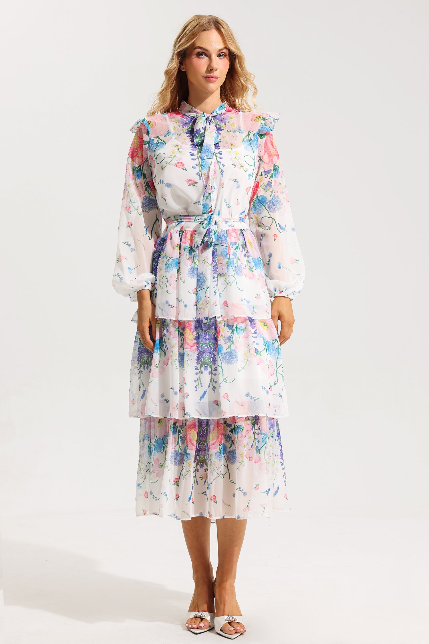 Floral Ruffle Long Sleeve Midi Dress With Belt