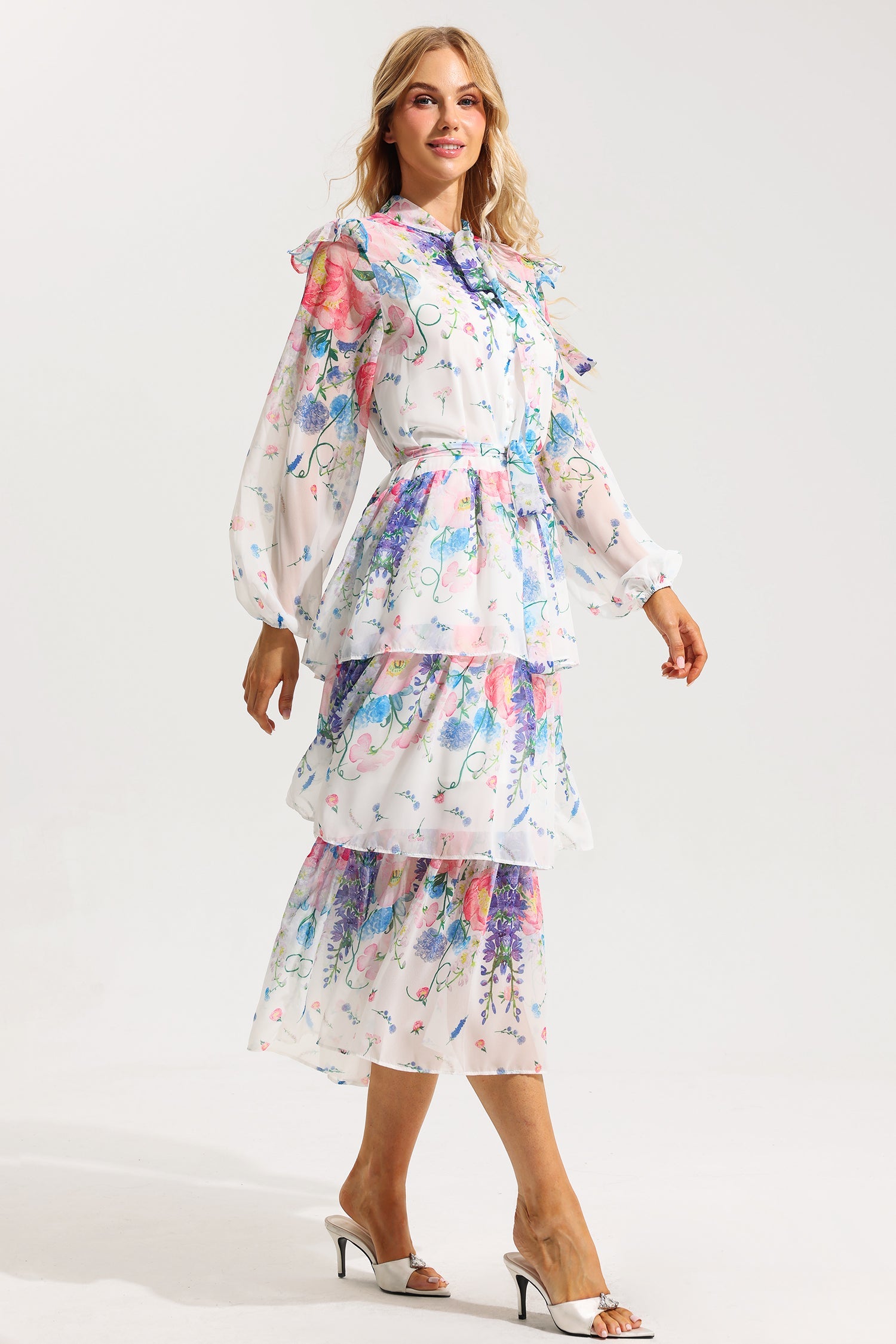 Floral Ruffle Long Sleeve Midi Dress With Belt