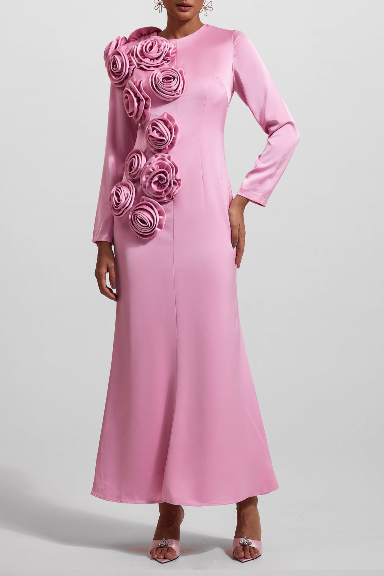 3D Floral Satin Long Sleeve Midi Dress