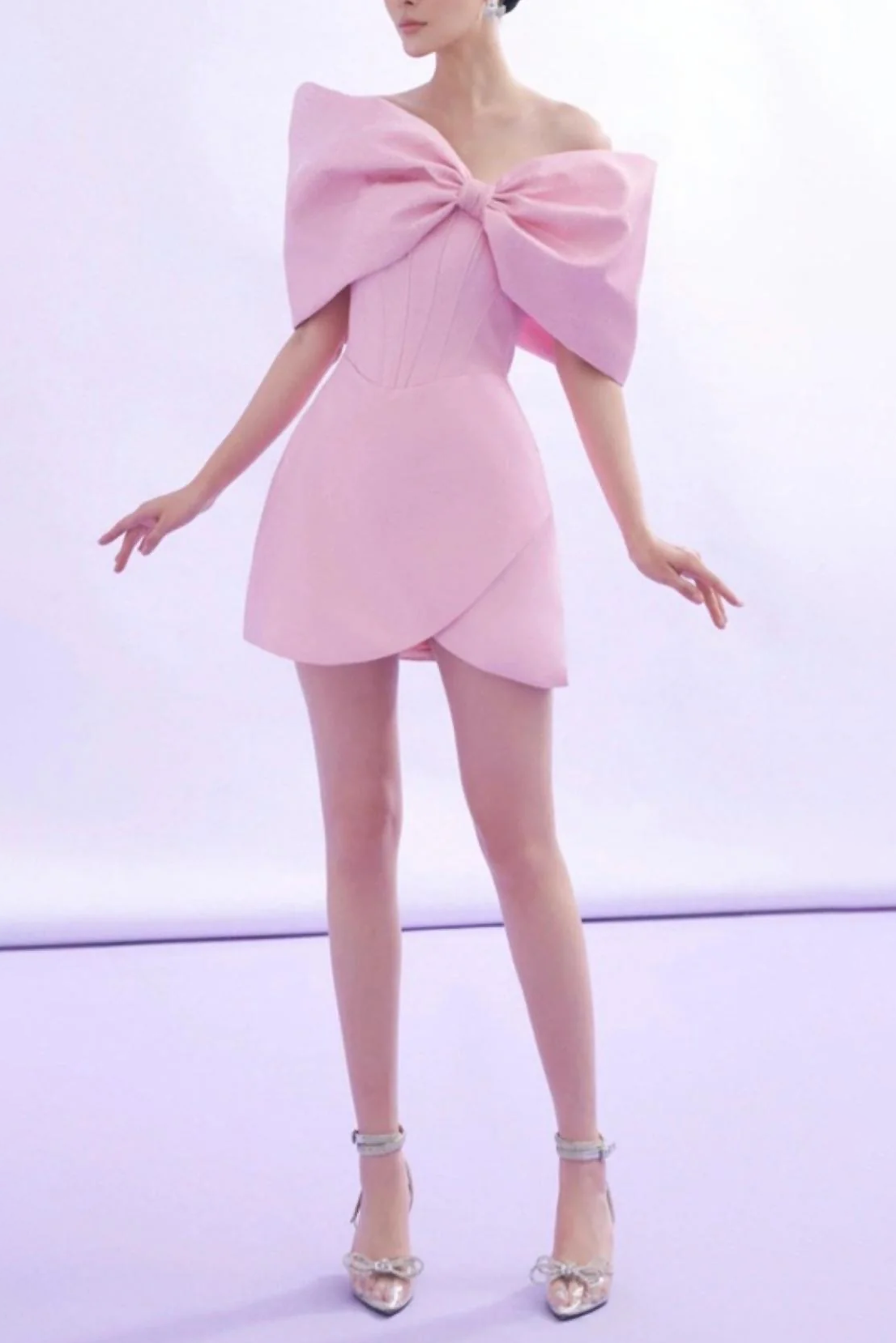 PINK OFF SHOULDER BOWKNOT MINI CORSET DRESS