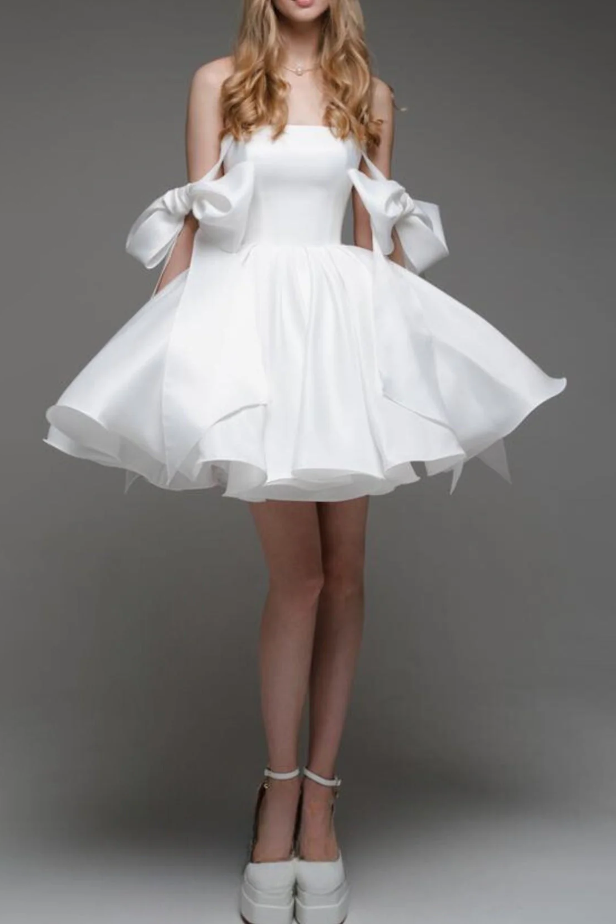 WHITE BOW PUFFY MINI DRESS