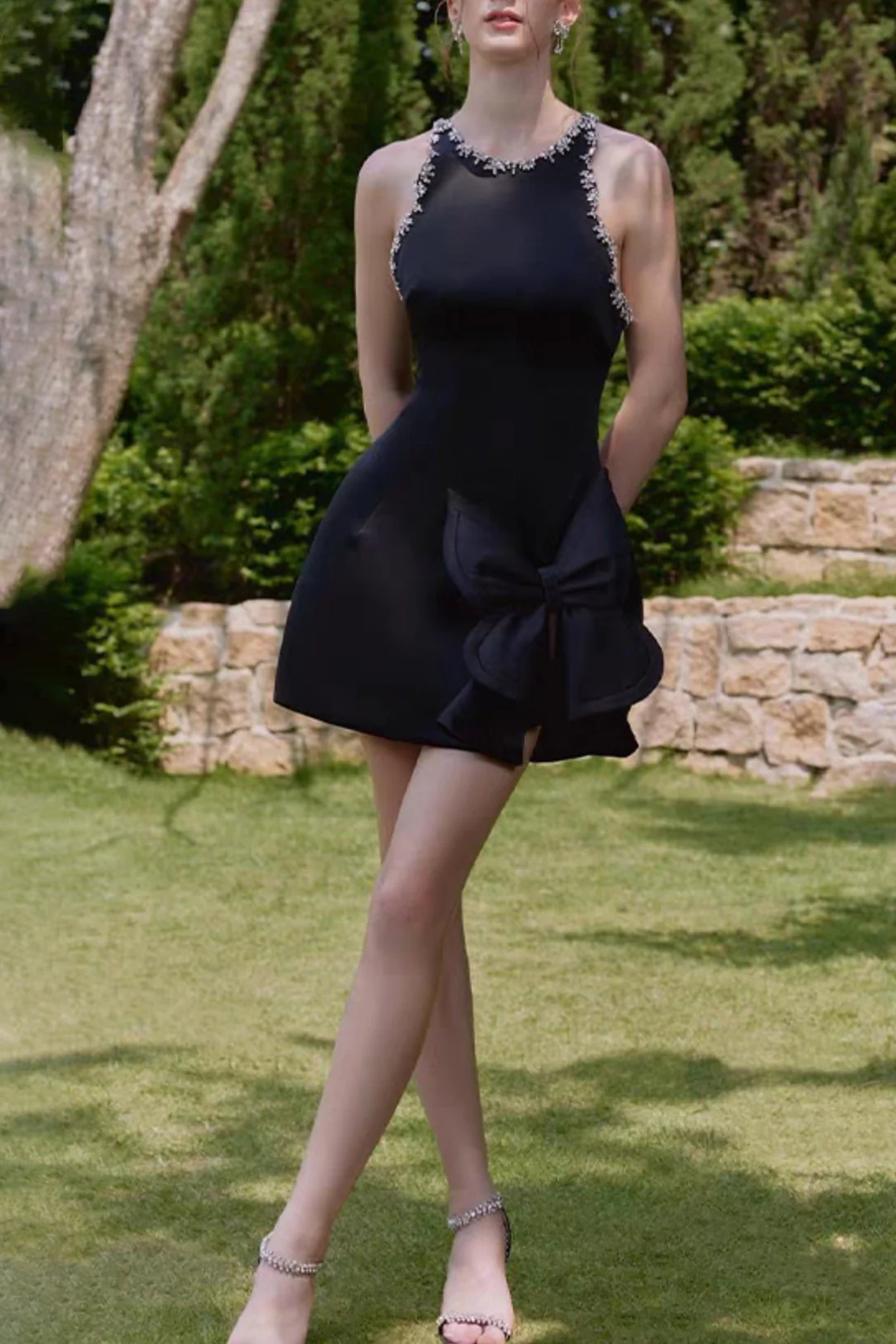 DIAMOND BOW VEST MINI DRESS IN BLACK