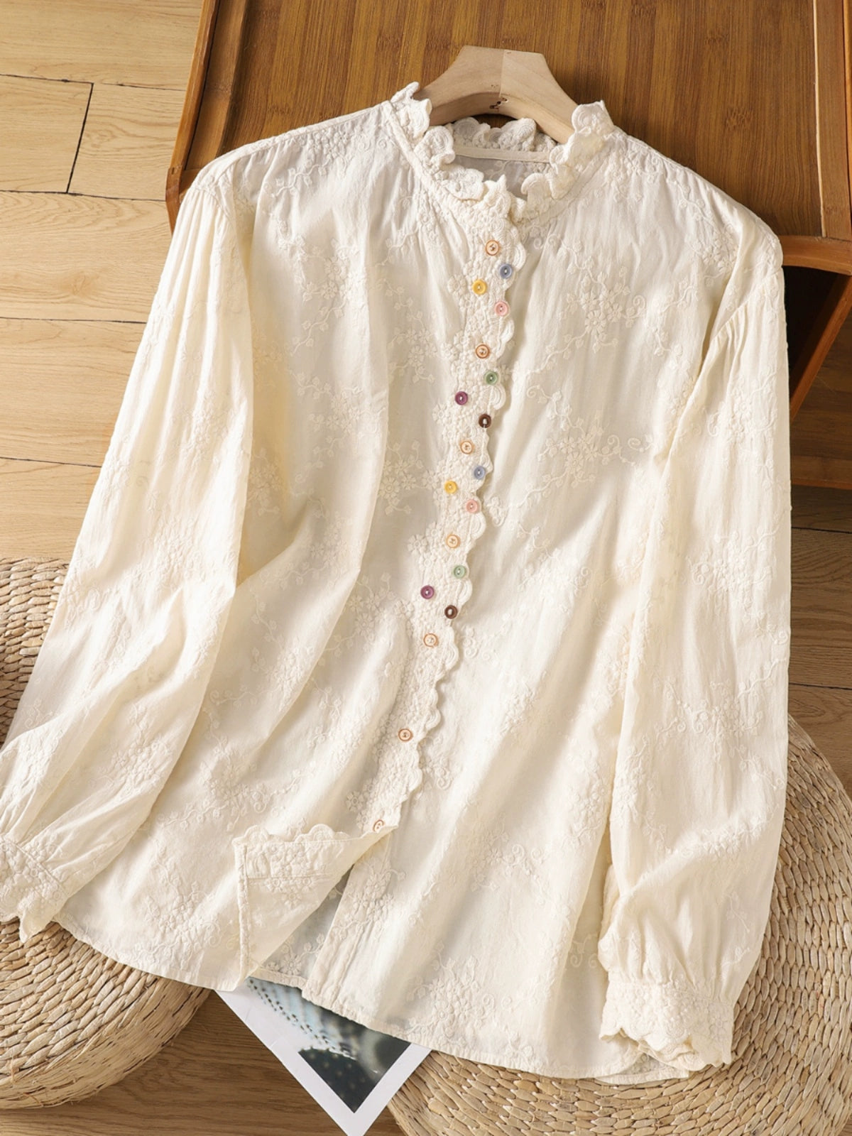 xaviera Classic Ruffle Collar Hollowed Embroidered Top
