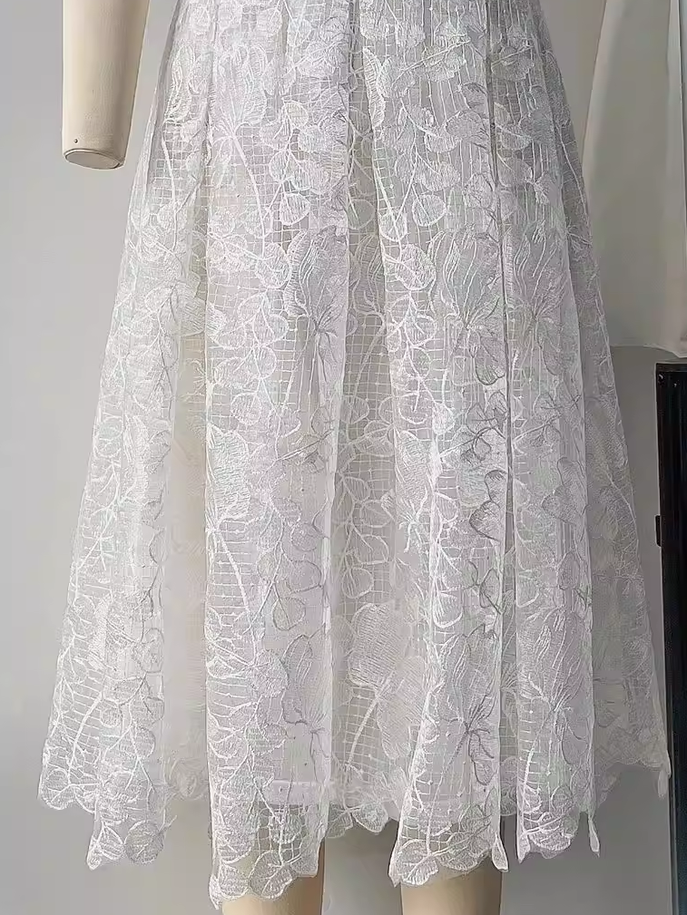 AGNENS White Sexy Strapless Embroidered Lace Midi Dress