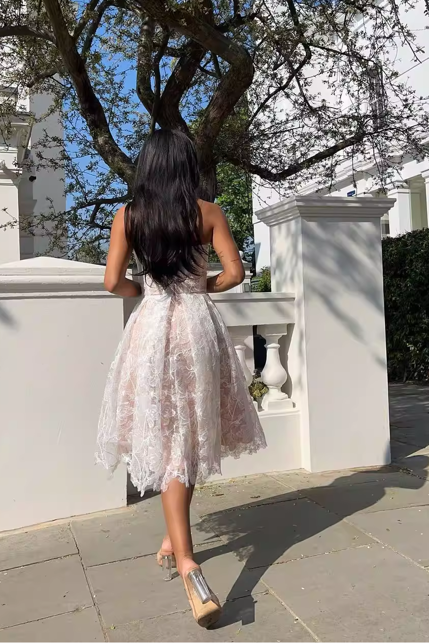 AGNENS White Sexy Strapless Embroidered Lace Midi Dress