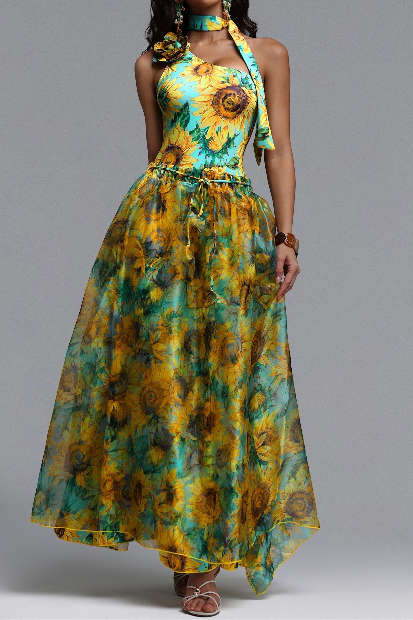 Sunflower Print One Shoulder Halter Choker One-Piece Swimsuit