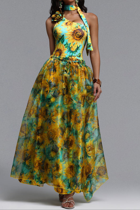 Sunflower Print One Shoulder Halter Choker One-Piece Swimsuit