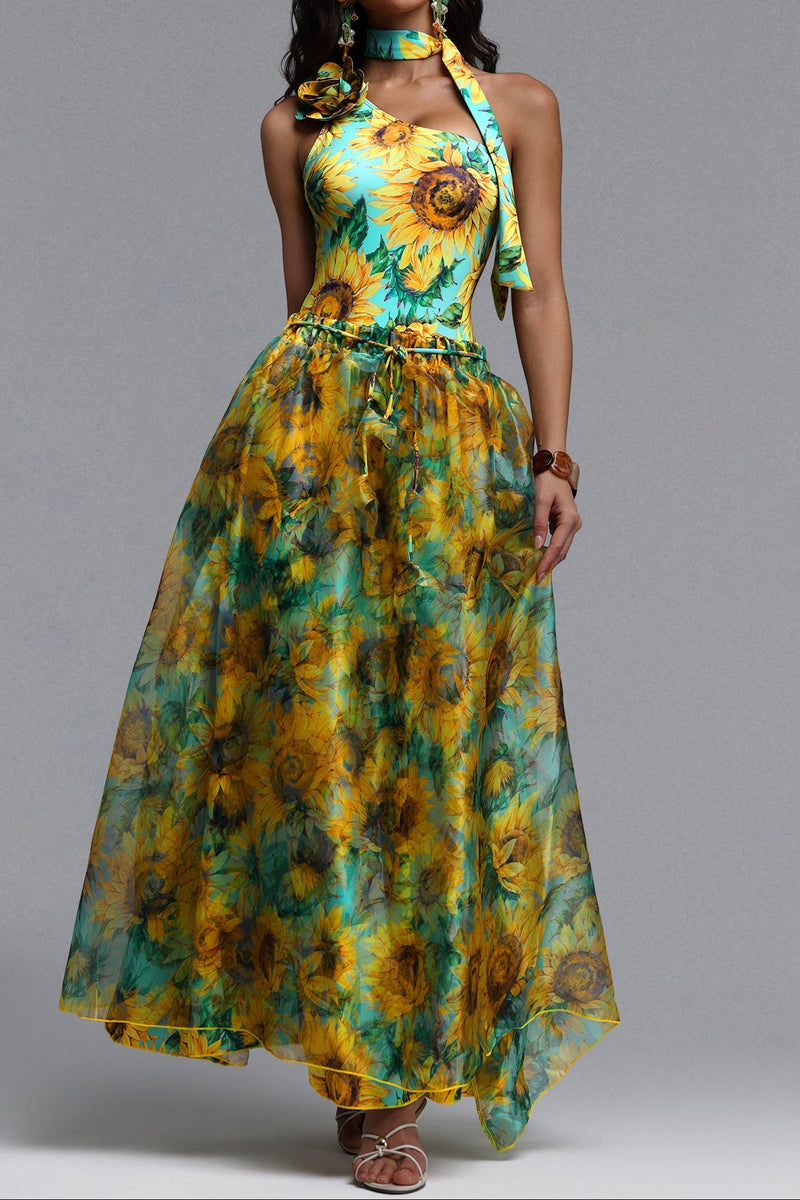 Sunflower Print One Shoulder Halter Choker One-Piece Swimsuit