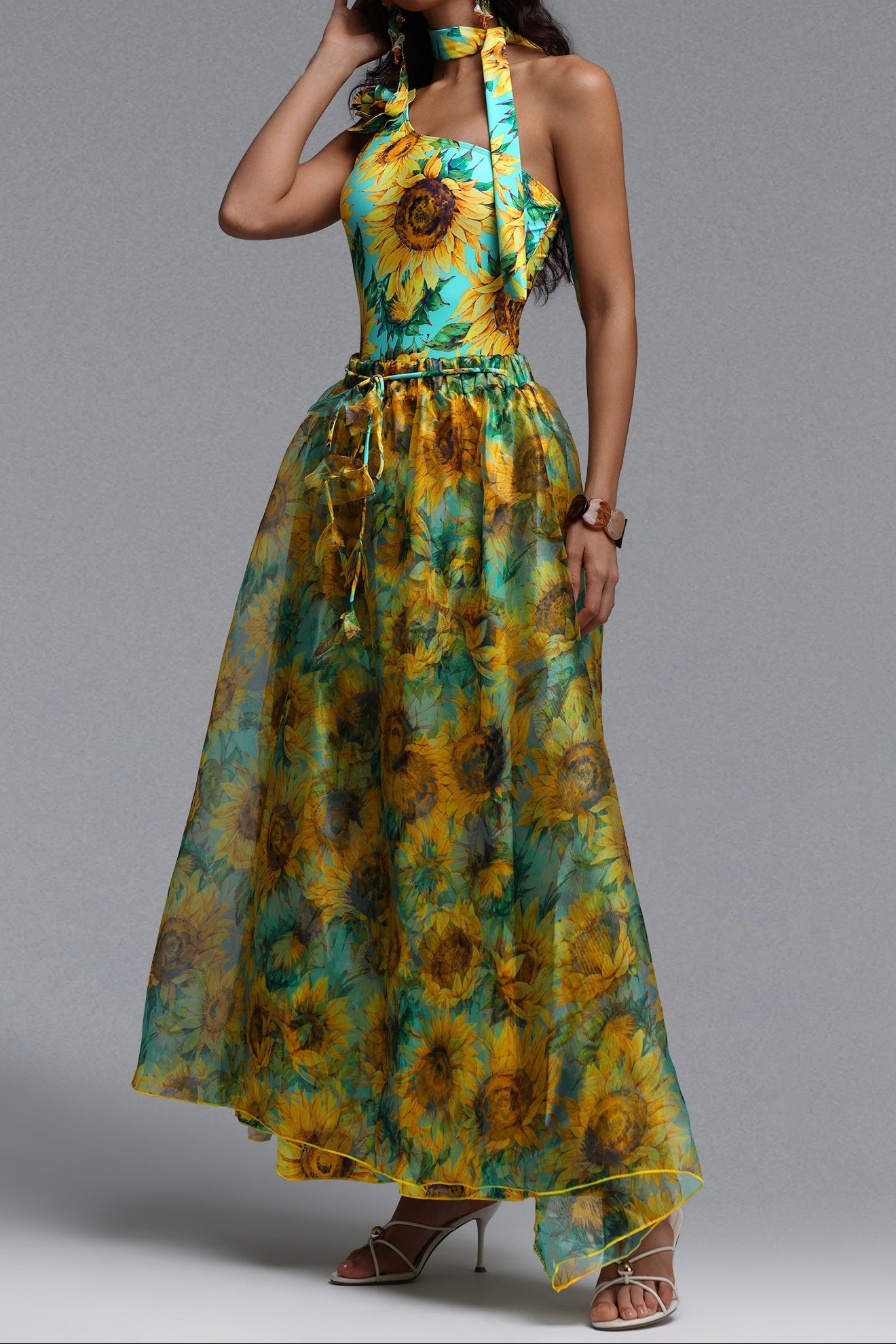 Sunflower Print One Shoulder Halter Choker One-Piece Swimsuit