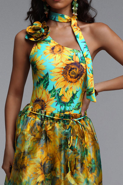 Sunflower Print One Shoulder Halter Choker One-Piece Swimsuit