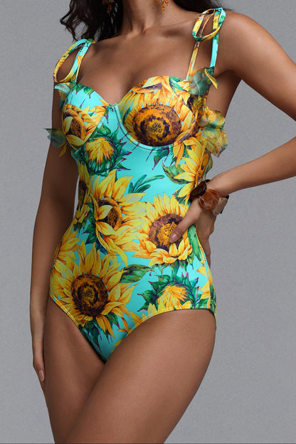 Turquoise Sunflower Print Ruffle Tie Strap Underwire One-Piece Swimsuit