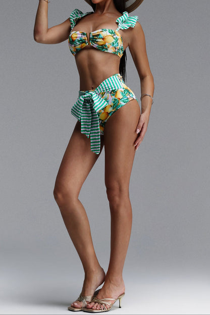 Lemon Print Striped Ruffle High Waist Two-Piece Bikini Set