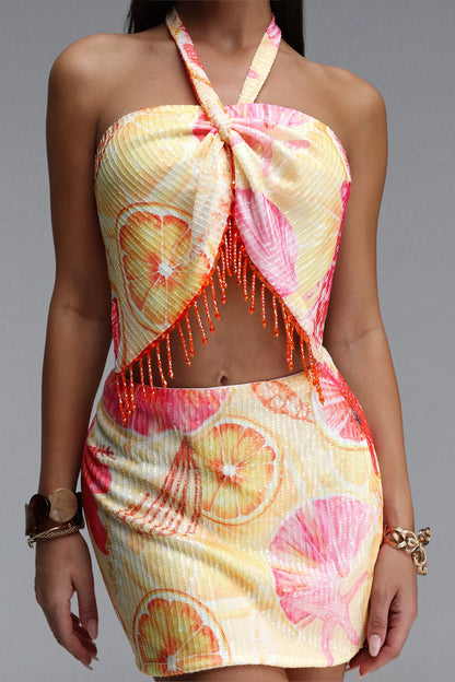 Citrus Seashell Print Ribbed Halter Knot Fringe Crop Top & Mini Skirt Two-Piece Set