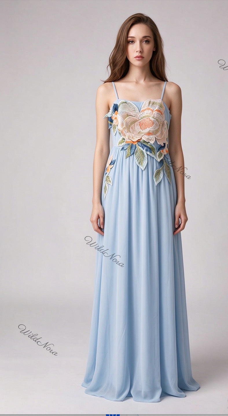 Light Blue Chiffon A-Line Maxi Dress with Floral Applique