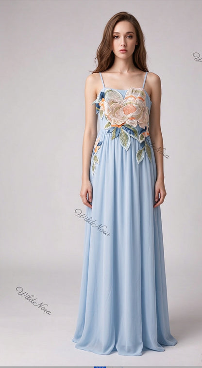 Light Blue Chiffon A-Line Maxi Dress with Floral Applique