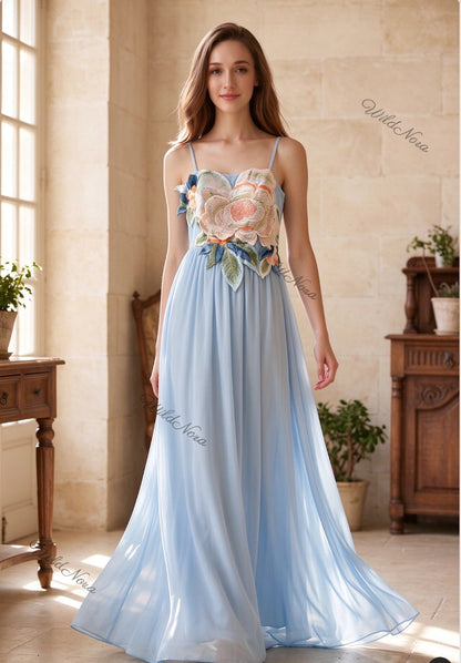 Light Blue Chiffon A-Line Maxi Dress with Floral Applique