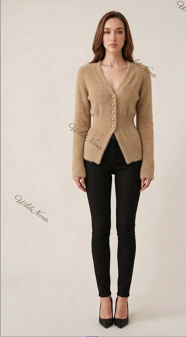 Beige Eyelash Knit Mohair Blend Fitted Cardigan
