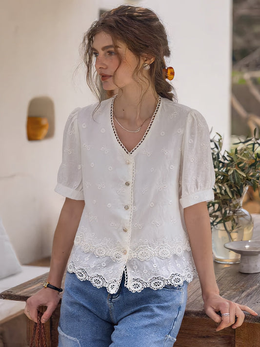 Maya Loose V-Neck Hollowed Lace Top
