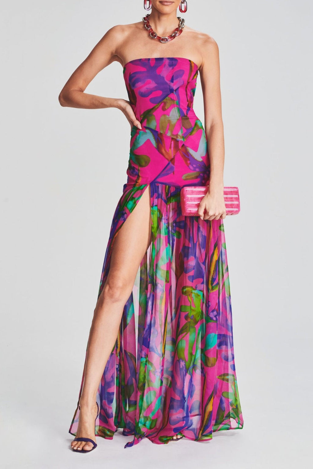 FLORAL-PRINT SILK CHIFFON MAXI DRESS IN RED