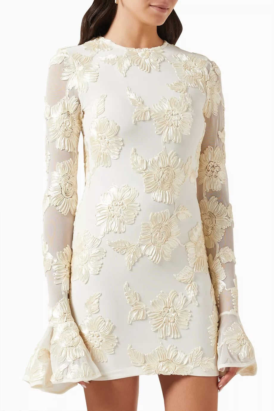 Floral-Embroidered Mesh Mini Dress In Ivory