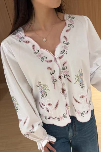 Openwork Embroidered V-Neck Closed Flared Sleeve Shirt