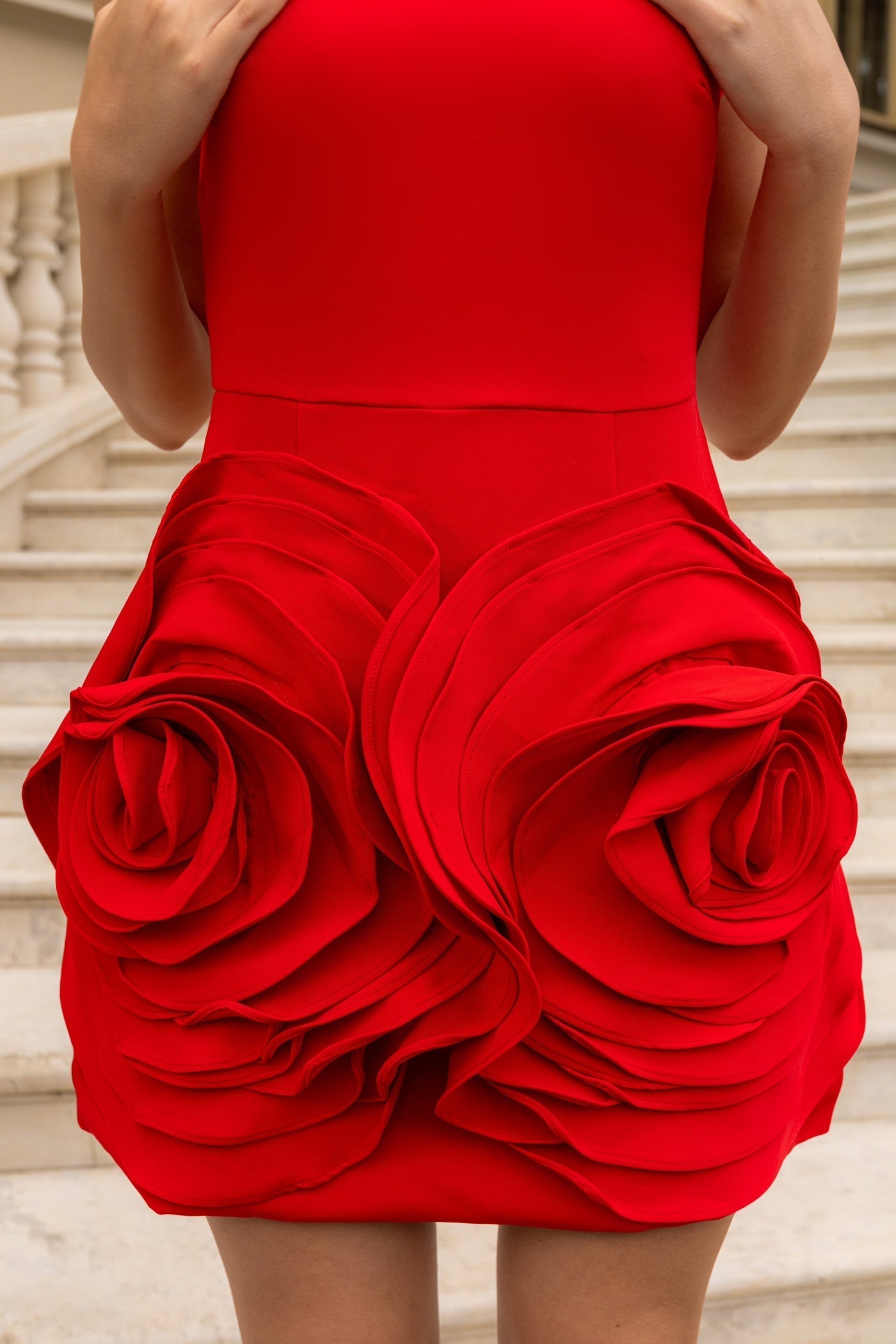 Sleeveless Mini Dress with Voluminous Floral Details - Red