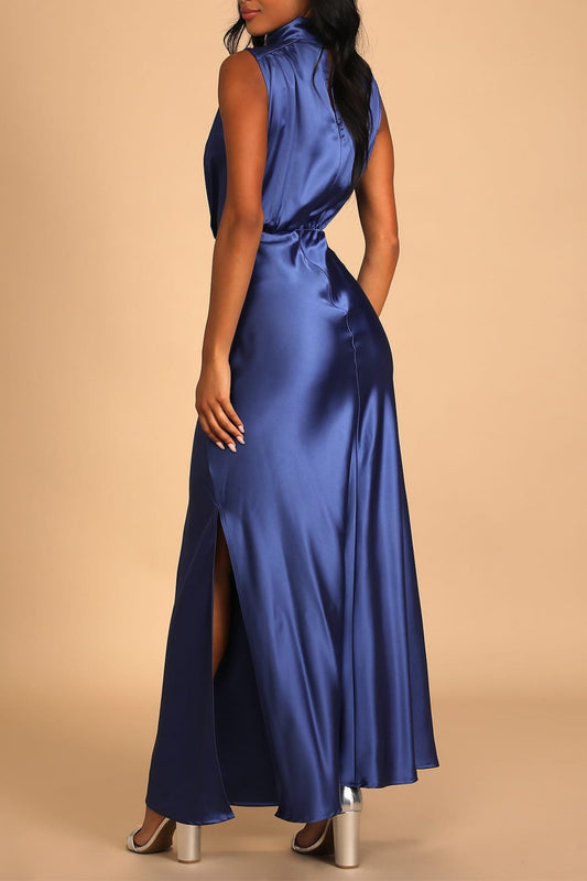 Blue Satin Sleeveless Mock Neck Maxi Dress