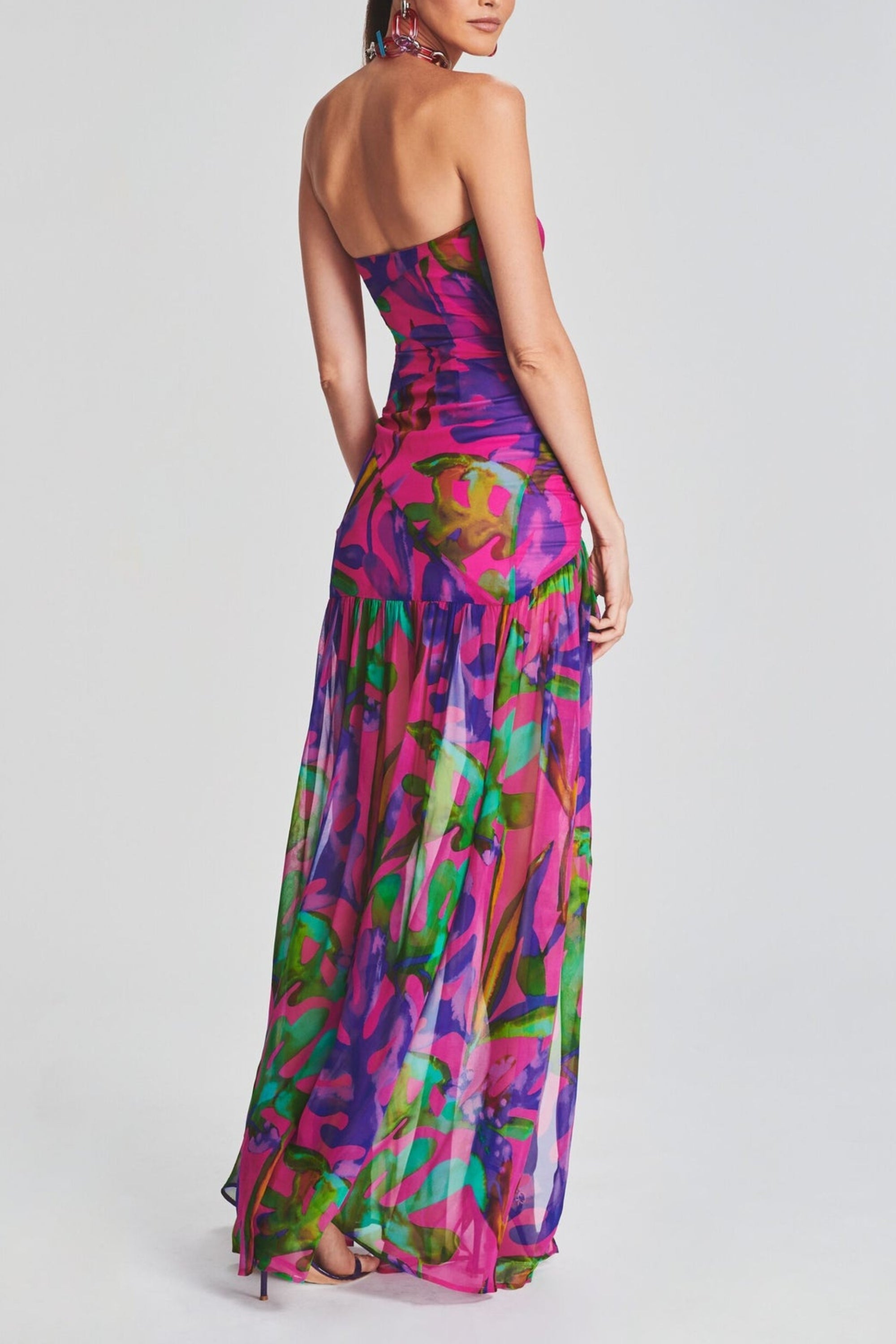 FLORAL-PRINT SILK CHIFFON MAXI DRESS IN RED