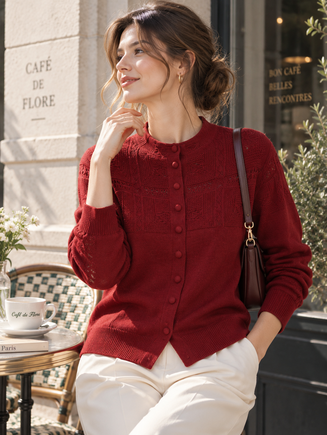 Openwork Crochet Mock-neck Knit Cardigan