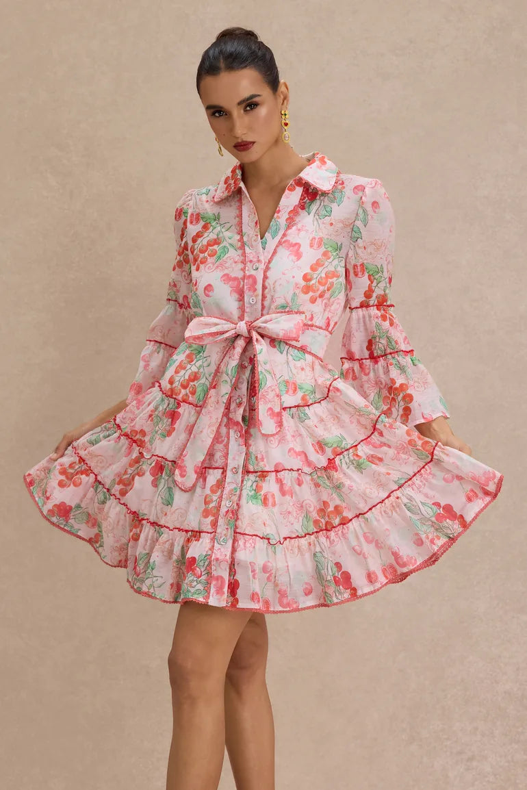 Botanical Print Lace Single Breasted Mini Dress - pink