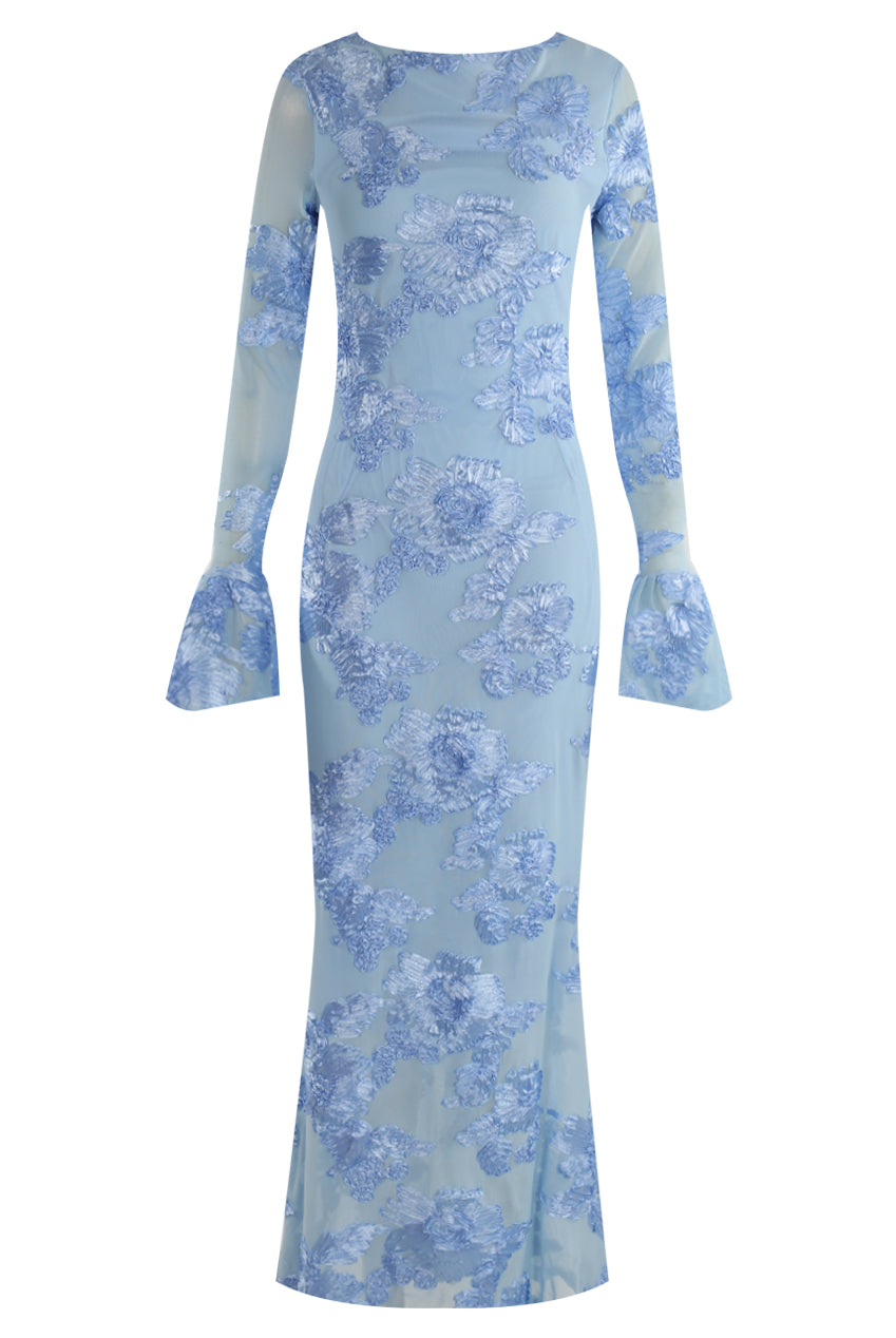 Floral Lace Lined Flute Cuffs Midi Dress