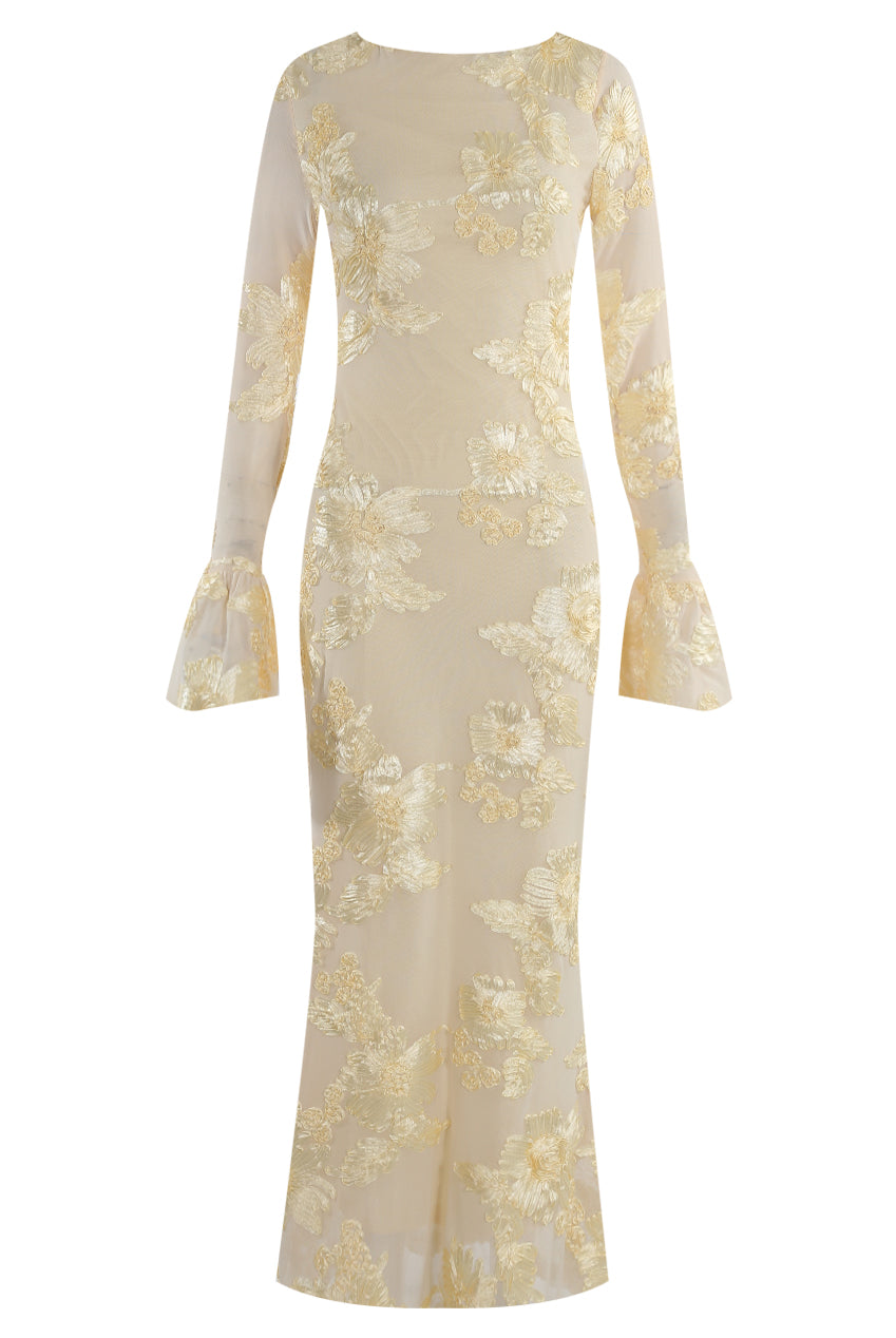 Floral Lace Lined Flute Cuffs Midi Dress