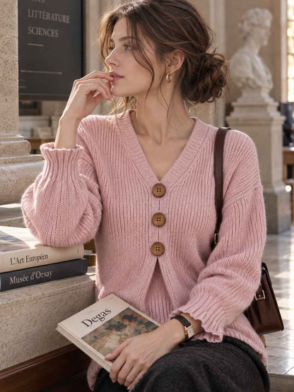 V-neck Ruffled Sleeves Knit Sweater