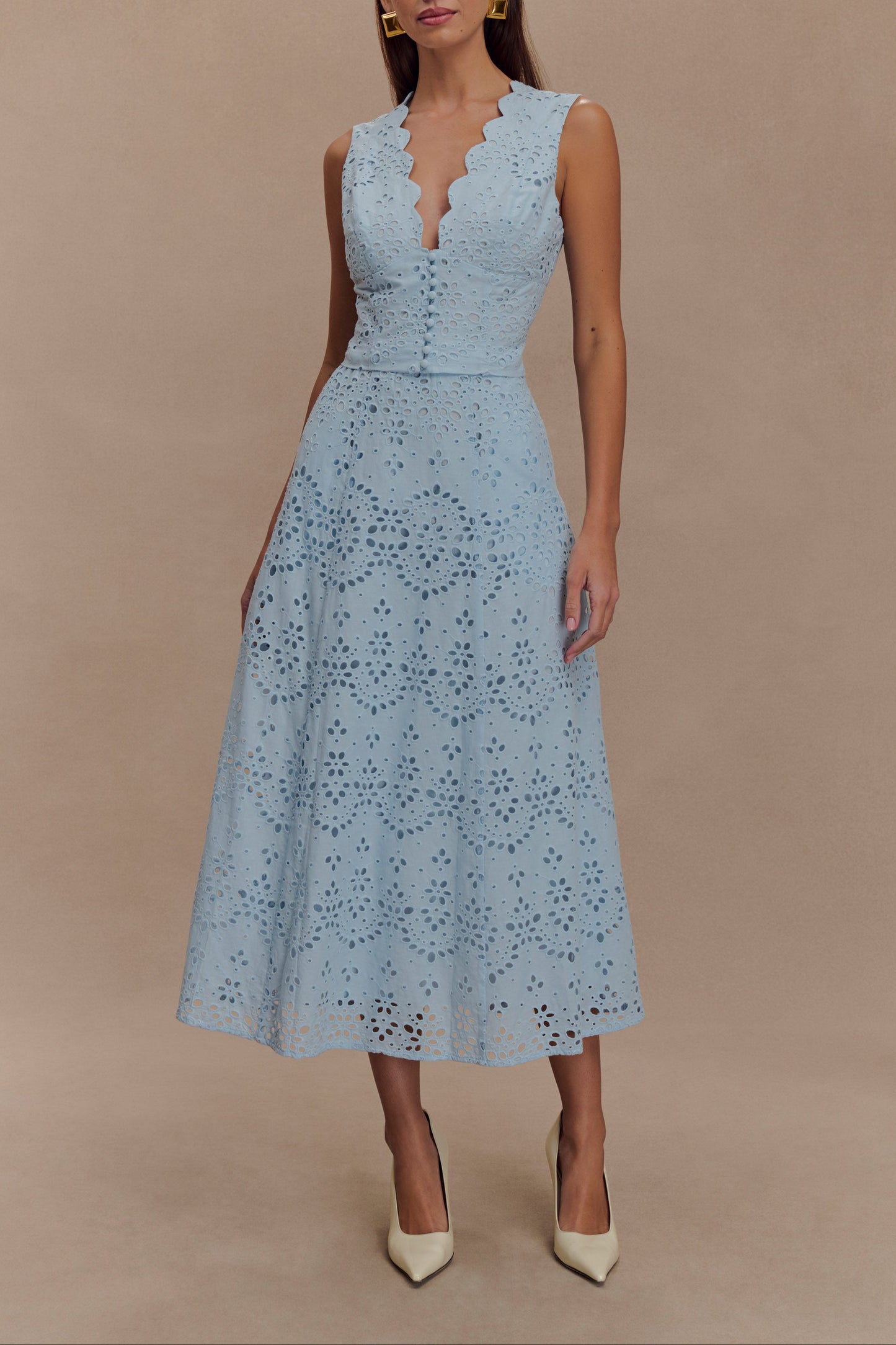 Scalloped V Neck Eyelet Embroidery Sleeveless Midi Dress