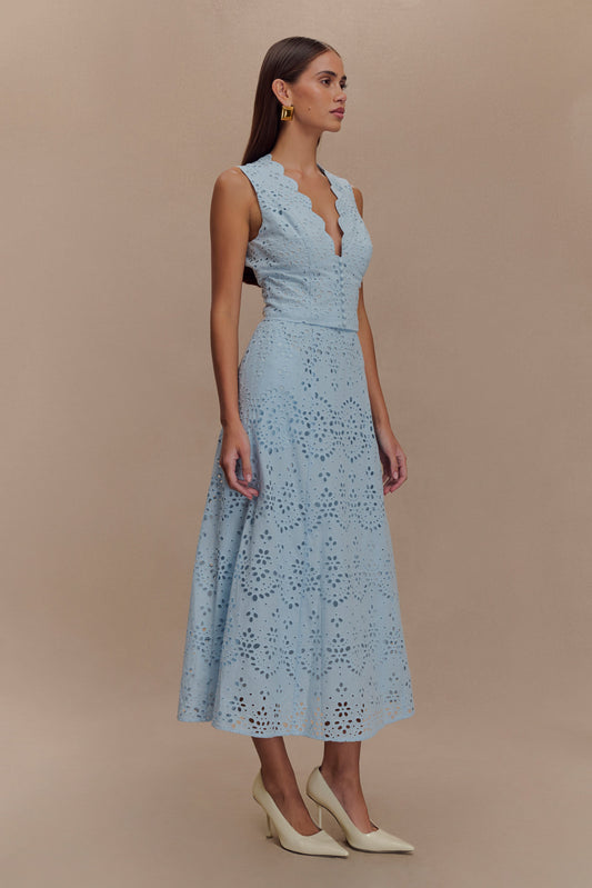 Scalloped V Neck Eyelet Embroidery Sleeveless Midi Dress