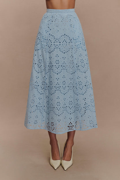 Scalloped V Neck Eyelet Embroidery Sleeveless Midi Dress