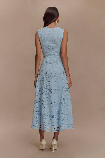 Scalloped V Neck Eyelet Embroidery Sleeveless Midi Dress