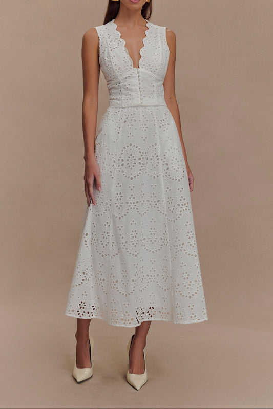 Scalloped V Neck Eyelet Embroidery Sleeveless Midi Dress - White