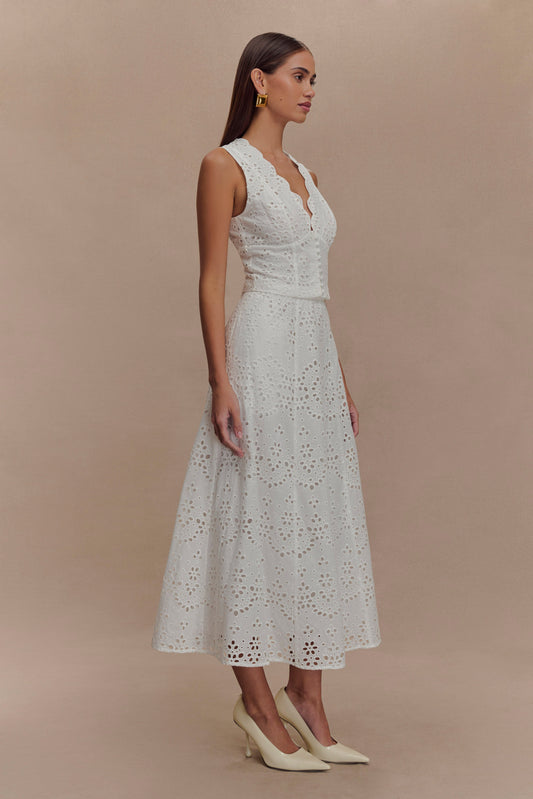 Scalloped V Neck Eyelet Embroidery Sleeveless Midi Dress - White
