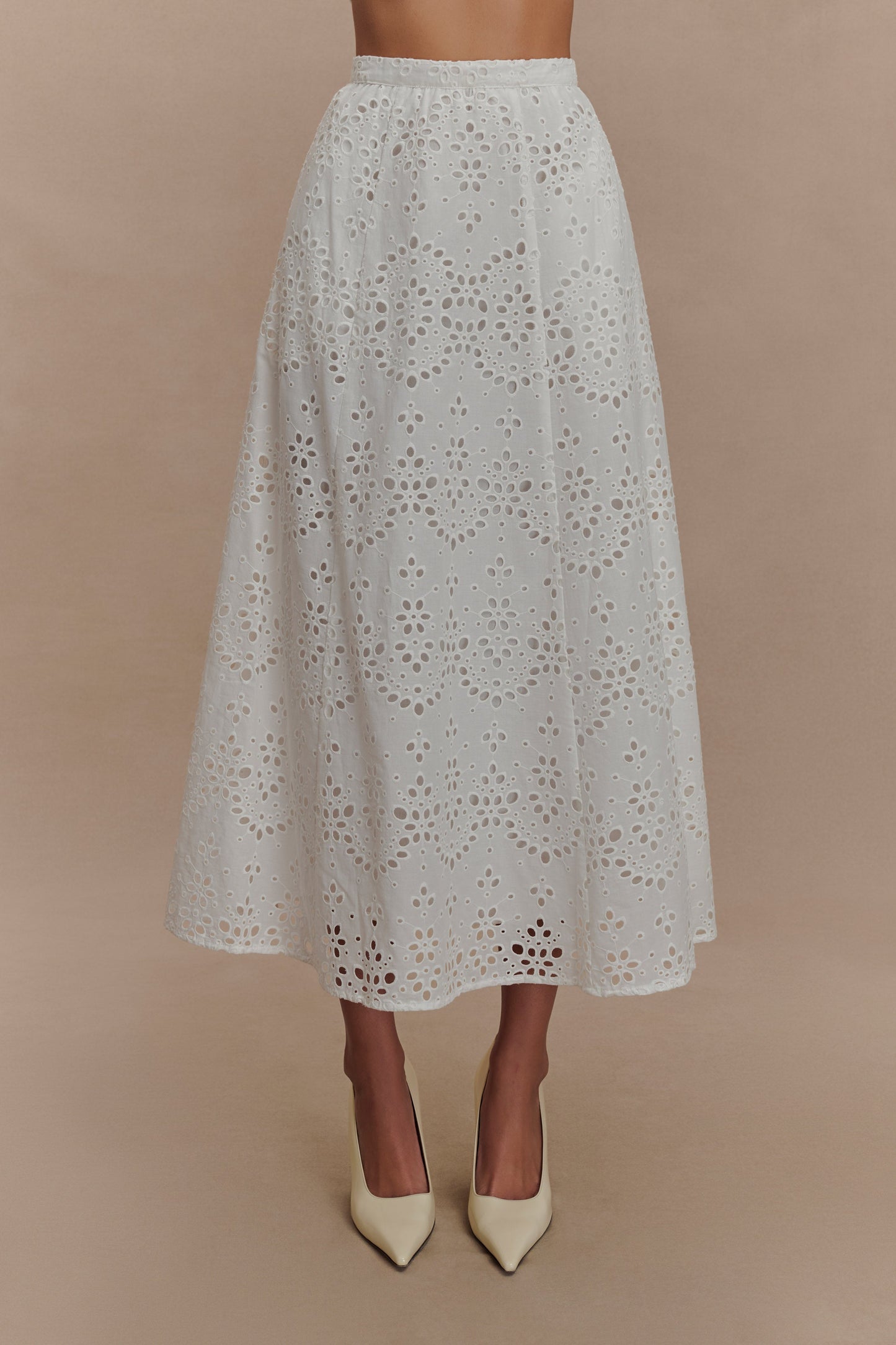 Scalloped V Neck Eyelet Embroidery Sleeveless Midi Dress - White