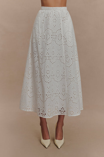 Scalloped V Neck Eyelet Embroidery Sleeveless Midi Dress - White