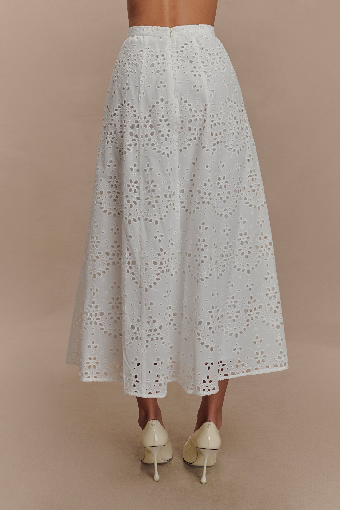 Scalloped V Neck Eyelet Embroidery Sleeveless Midi Dress - White
