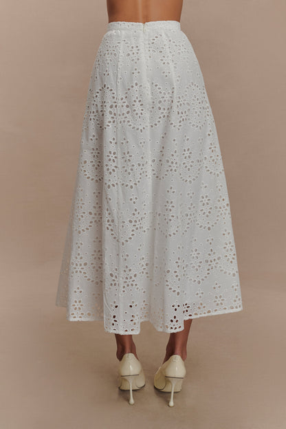 Scalloped V Neck Eyelet Embroidery Sleeveless Midi Dress - White