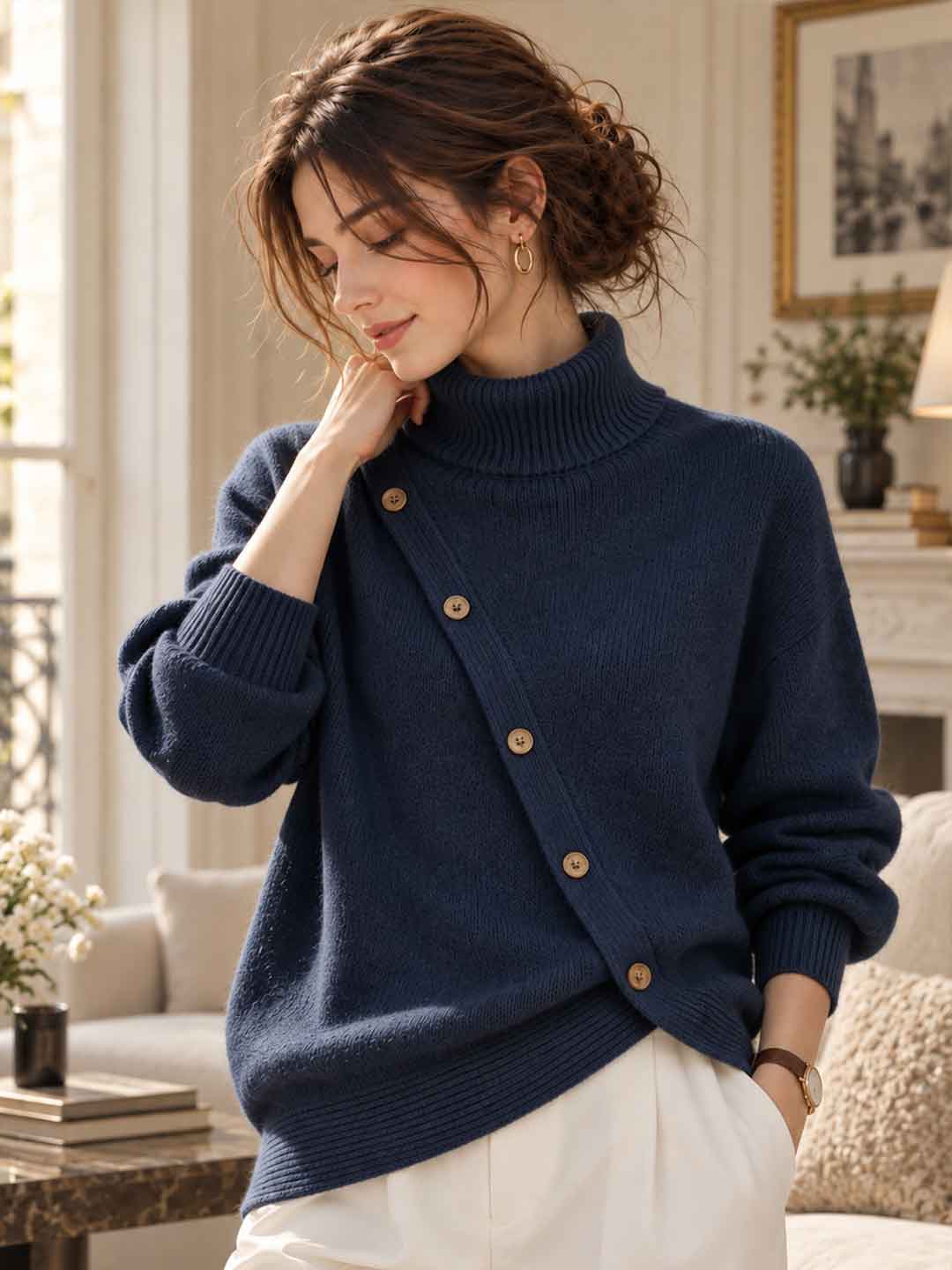 New High-neck Button-detail Sweater