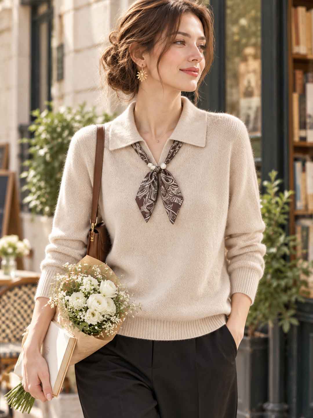 Polo Collar Silk Scarf Detail Sweater