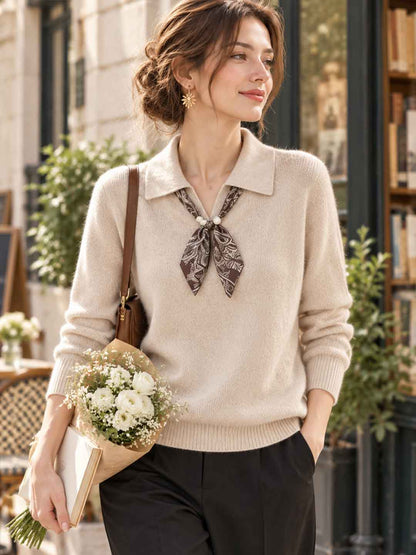 Polo Collar Silk Scarf Detail Sweater