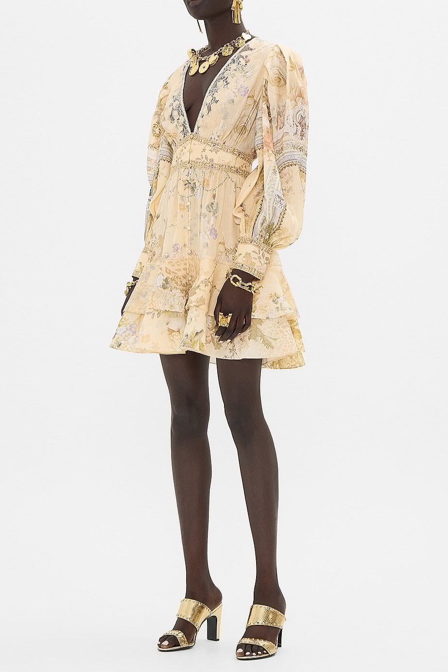 multicolor floral print v-neckline silk layer mini dress